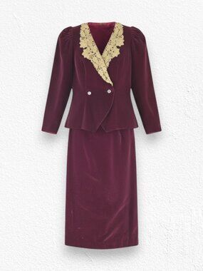 Vintage 80s Burgundy Velvet Gold Lace Trim Power Suit Blazer Skirt Size Medium